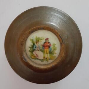 RARE FIND Brass Music Powder Box With Colonial Couple In Porcelain Wind Up 1940s
